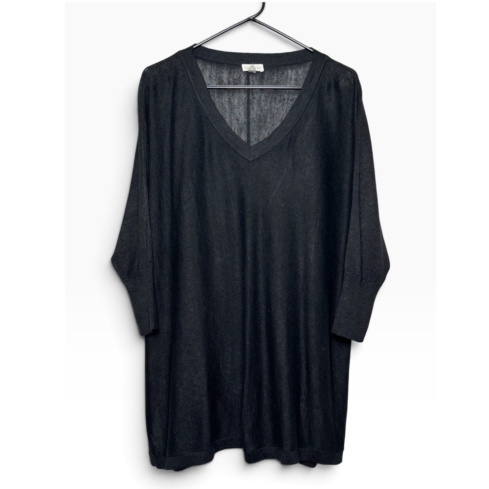 Garnet Hill Black 100% Organic Linen V-Neck Tunic Sweater 3/4 Sleeve Medium